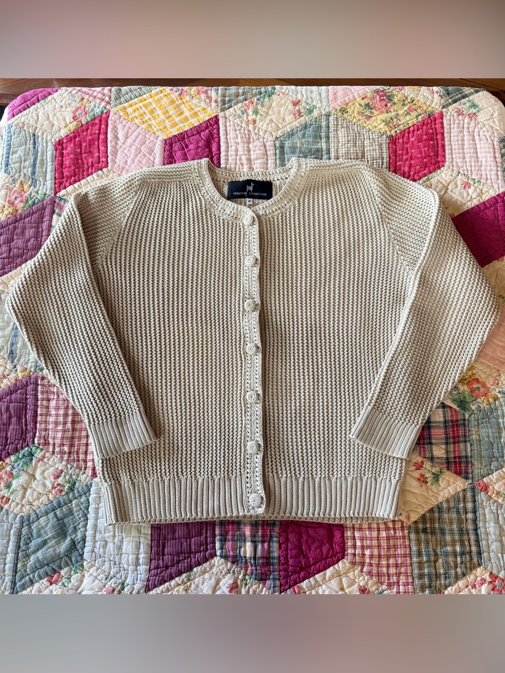 Peruvian Connection Oatmeal Crochet-Trim Cardigan — Size M